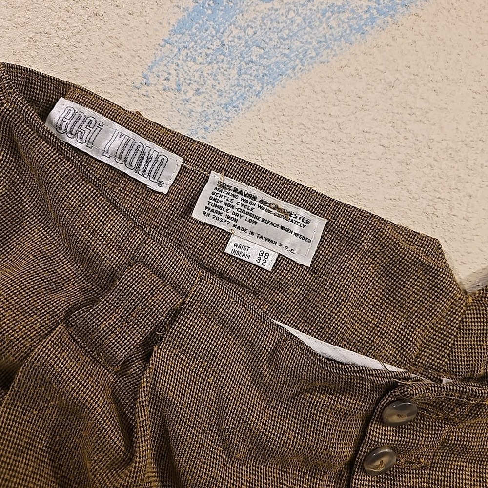 VTG Cosi L'Uomo‎ Mens 38 Brown Houndstooth Pleated Dress Pants Rayon Poly Baggy - Picture 7 of 9